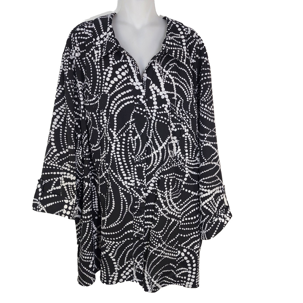 Maggie Barnes Top Womens Size 4X 30/32 Button 3/4 Sleeve Black White Polka Dots